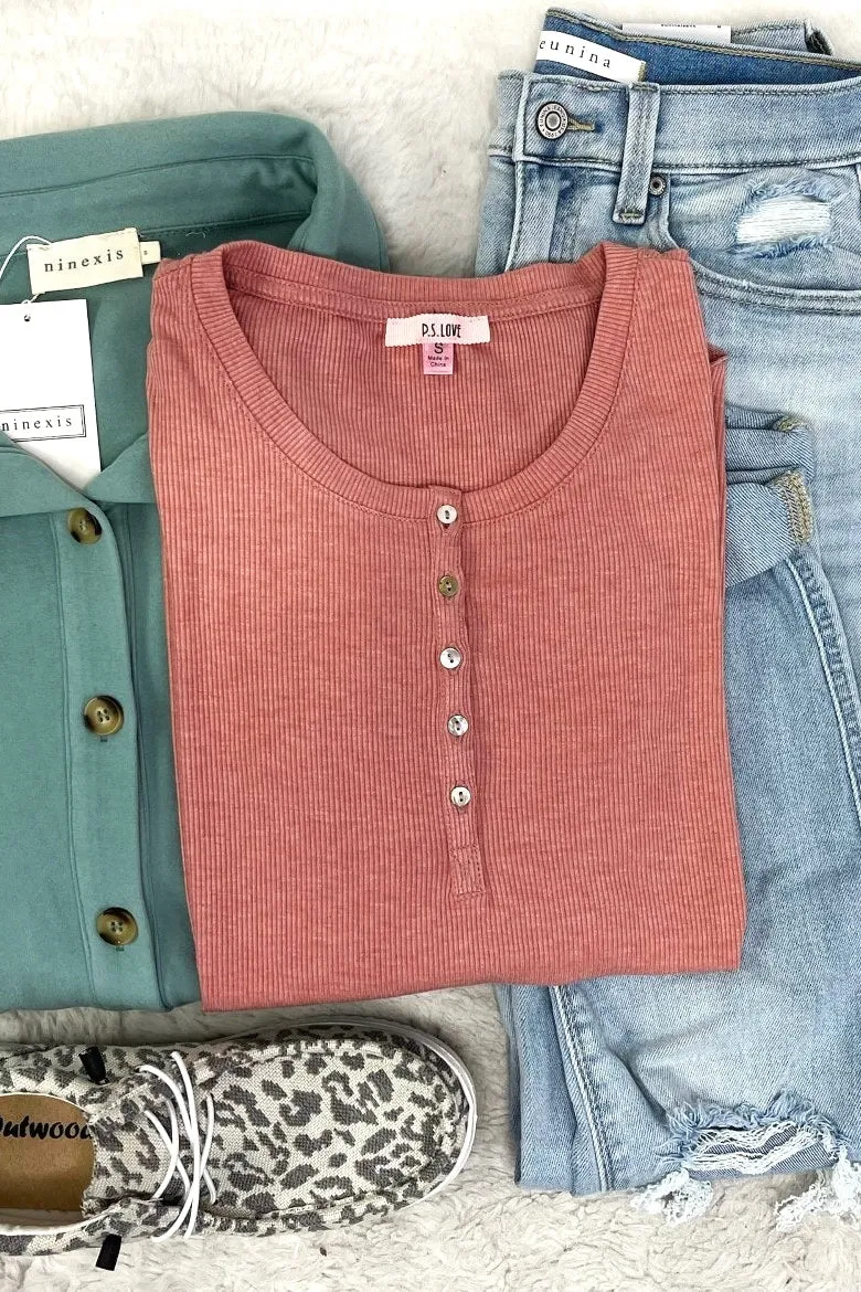 Simplicity Is Key- RESTOCKED {White, Black, Beige, Mauve & Sage} Ribbed Long Sleeve Henley w/ Buttons
