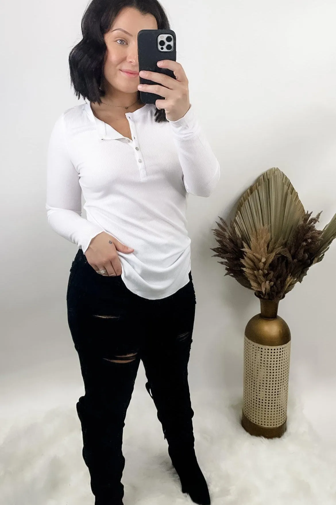 Simplicity Is Key- RESTOCKED {White, Black, Beige, Mauve & Sage} Ribbed Long Sleeve Henley w/ Buttons