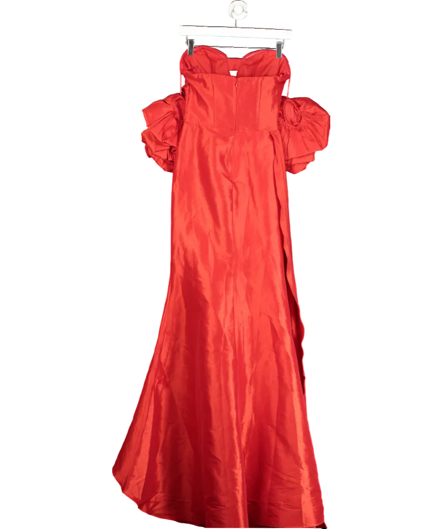 Smilprince Red Elegant Off-shoulder Puff Sleeve High Slit Sheath Long Dress UK XS