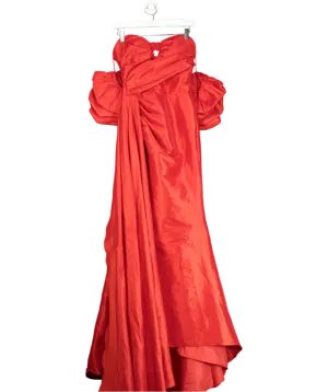 Smilprince Red Elegant Off-shoulder Puff Sleeve High Slit Sheath Long Dress UK XS