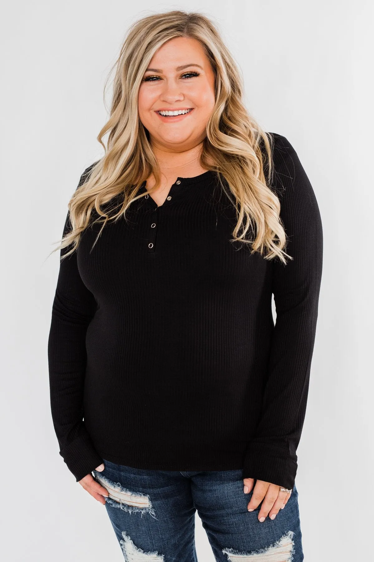 Snap Button Henley Top- Black