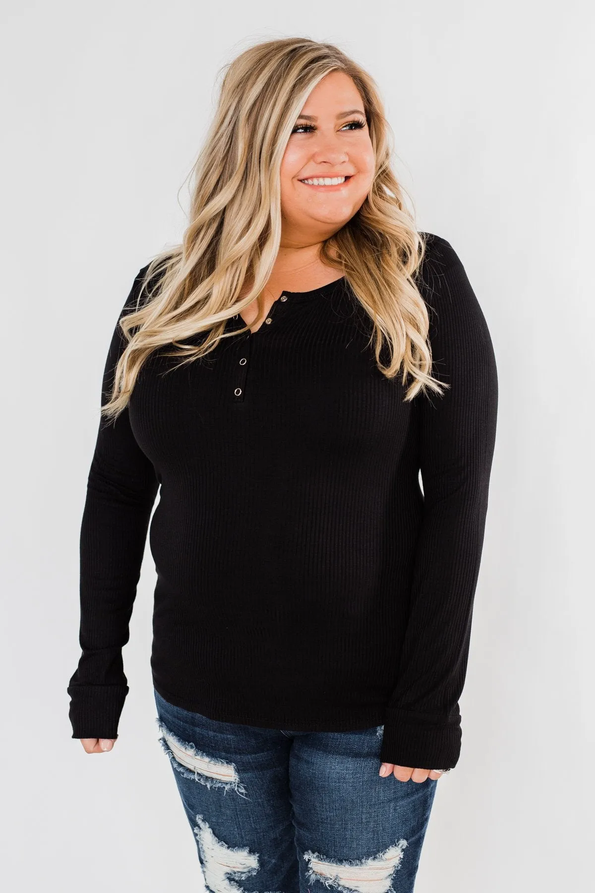 Snap Button Henley Top- Black