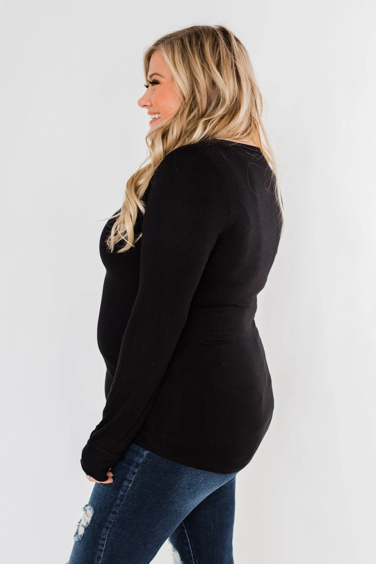 Snap Button Henley Top- Black