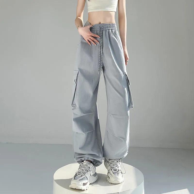 Solid Wash Cotton Cargo Pants with Trendy Drawstring Hem