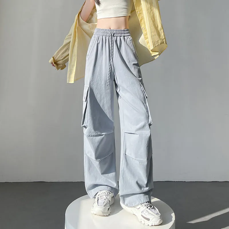 Solid Wash Cotton Cargo Pants with Trendy Drawstring Hem