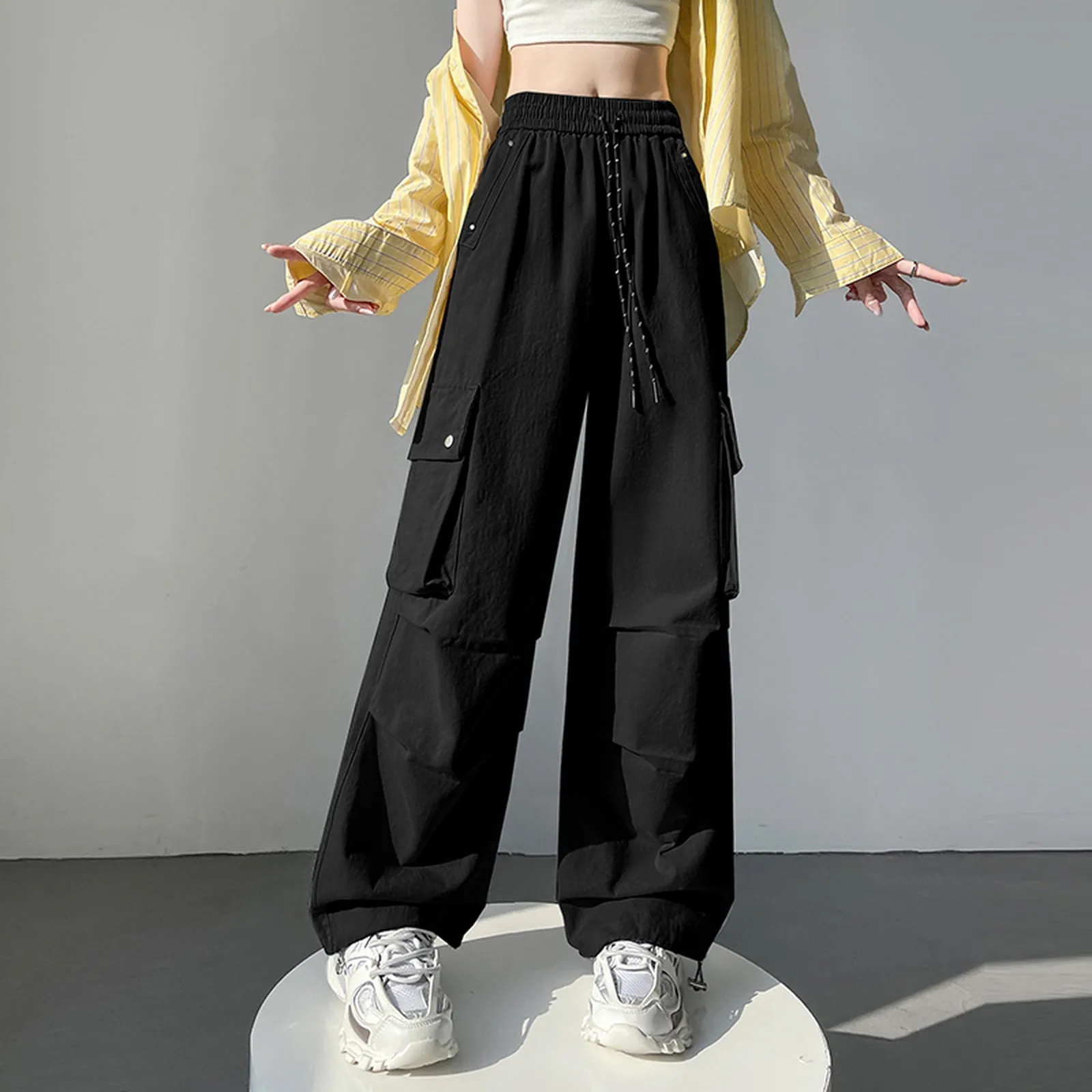 Solid Wash Cotton Cargo Pants with Trendy Drawstring Hem