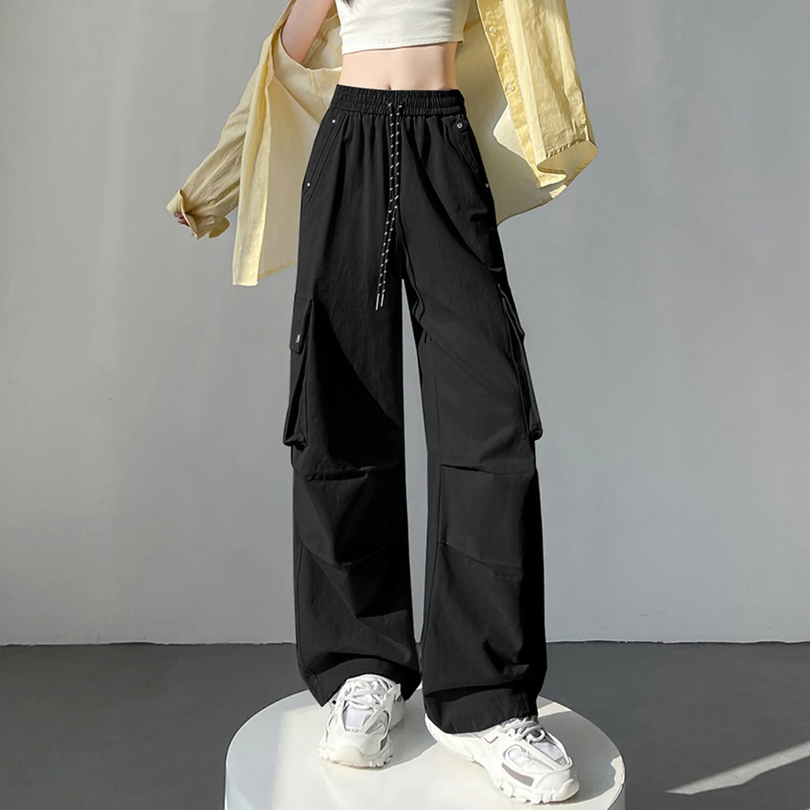 Solid Wash Cotton Cargo Pants with Trendy Drawstring Hem