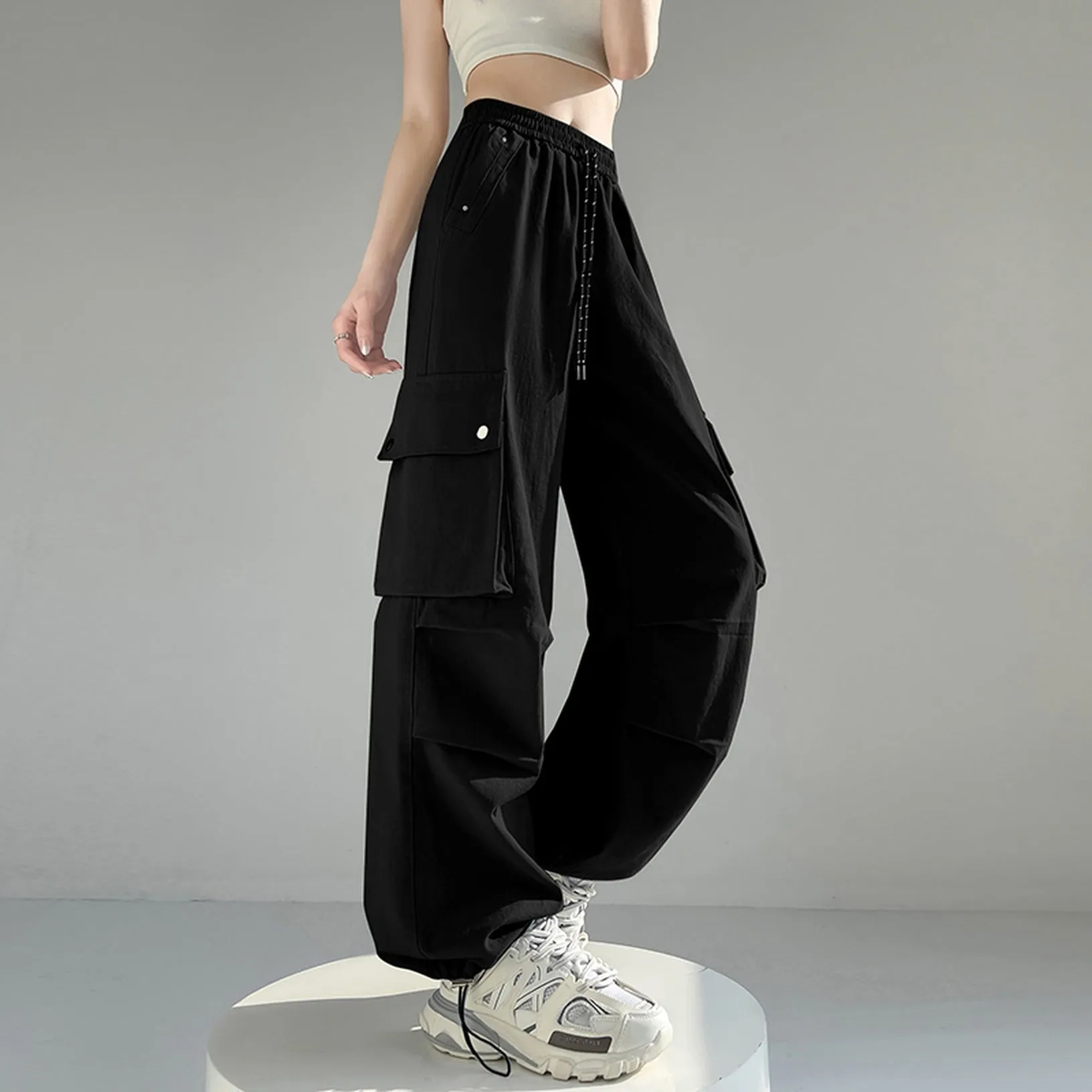 Solid Wash Cotton Cargo Pants with Trendy Drawstring Hem