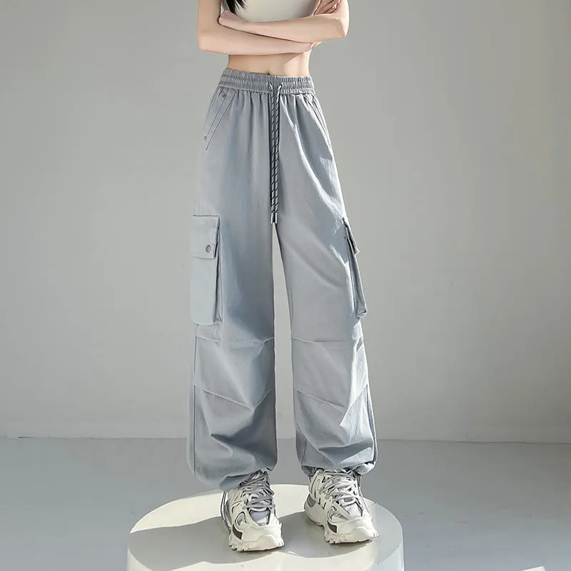 Solid Wash Cotton Cargo Pants with Trendy Drawstring Hem