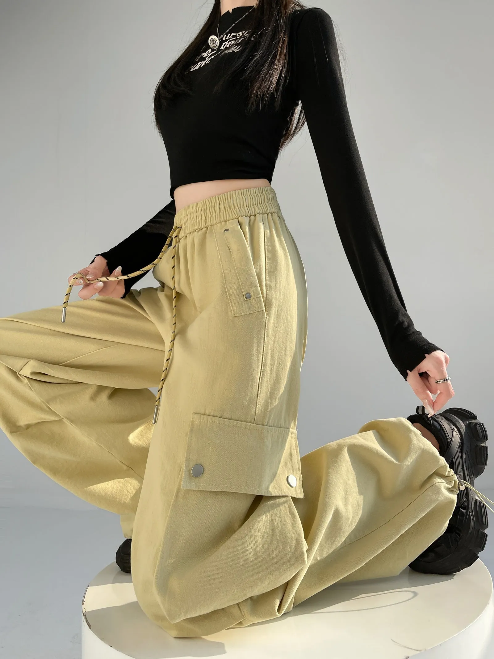 Solid Wash Cotton Cargo Pants with Trendy Drawstring Hem