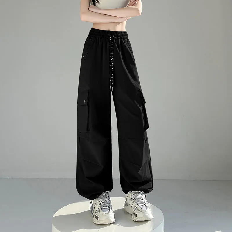 Solid Wash Cotton Cargo Pants with Trendy Drawstring Hem