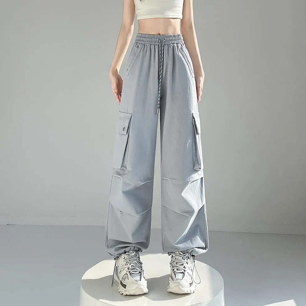 Solid Wash Cotton Cargo Pants with Trendy Drawstring Hem