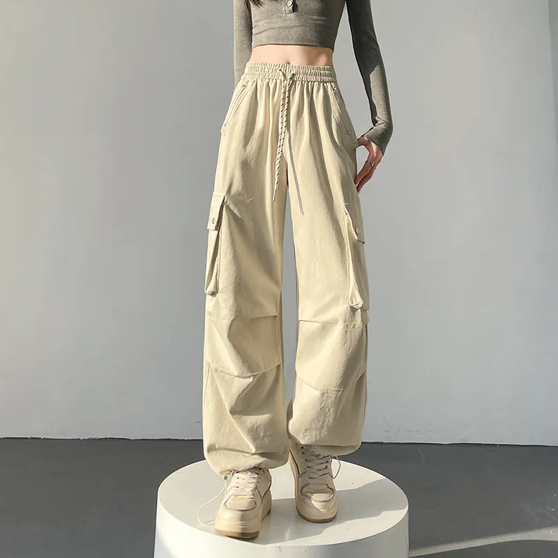 Solid Wash Cotton Cargo Pants with Trendy Drawstring Hem