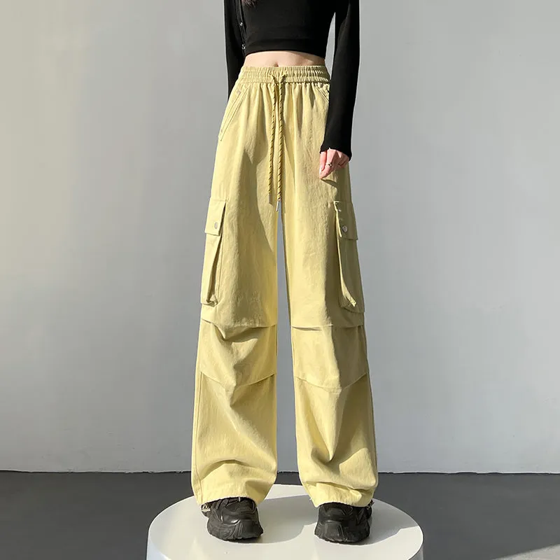 Solid Wash Cotton Cargo Pants with Trendy Drawstring Hem