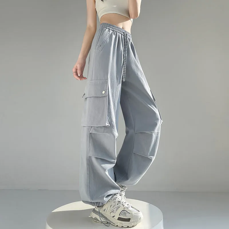 Solid Wash Cotton Cargo Pants with Trendy Drawstring Hem