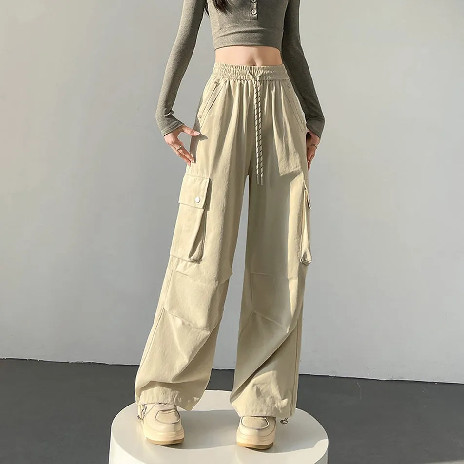 Solid Wash Cotton Cargo Pants with Trendy Drawstring Hem