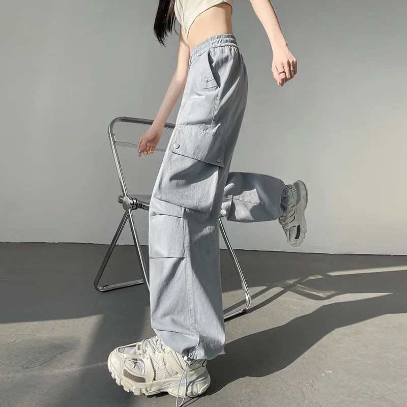 Solid Wash Cotton Cargo Pants with Trendy Drawstring Hem