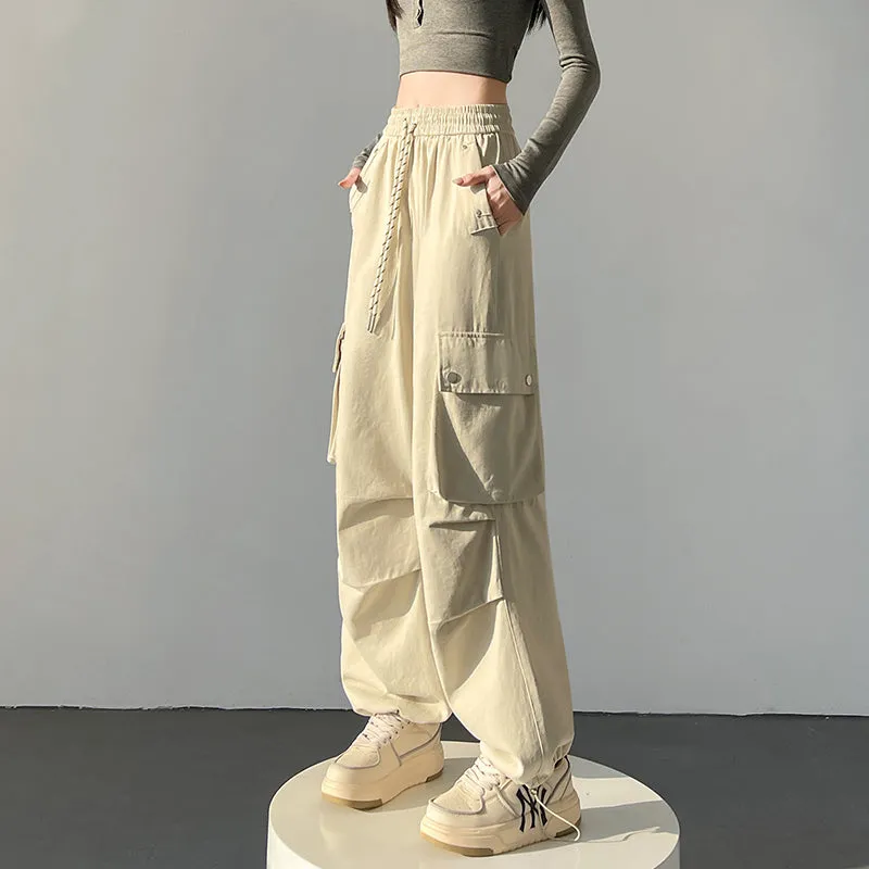 Solid Wash Cotton Cargo Pants with Trendy Drawstring Hem