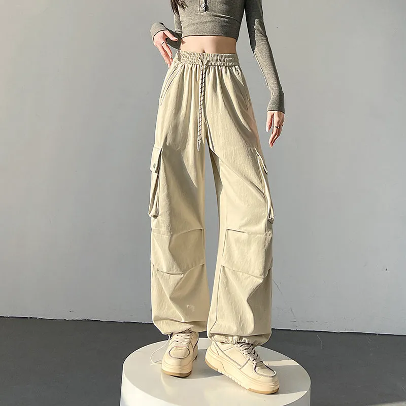 Solid Wash Cotton Cargo Pants with Trendy Drawstring Hem