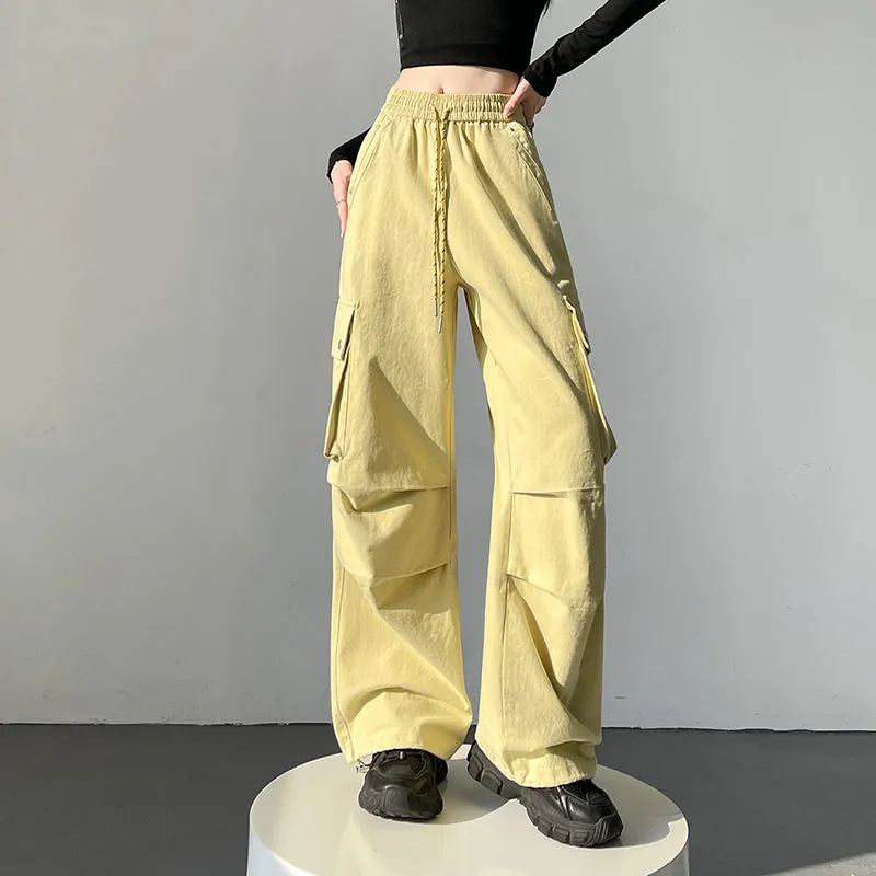 Solid Wash Cotton Cargo Pants with Trendy Drawstring Hem