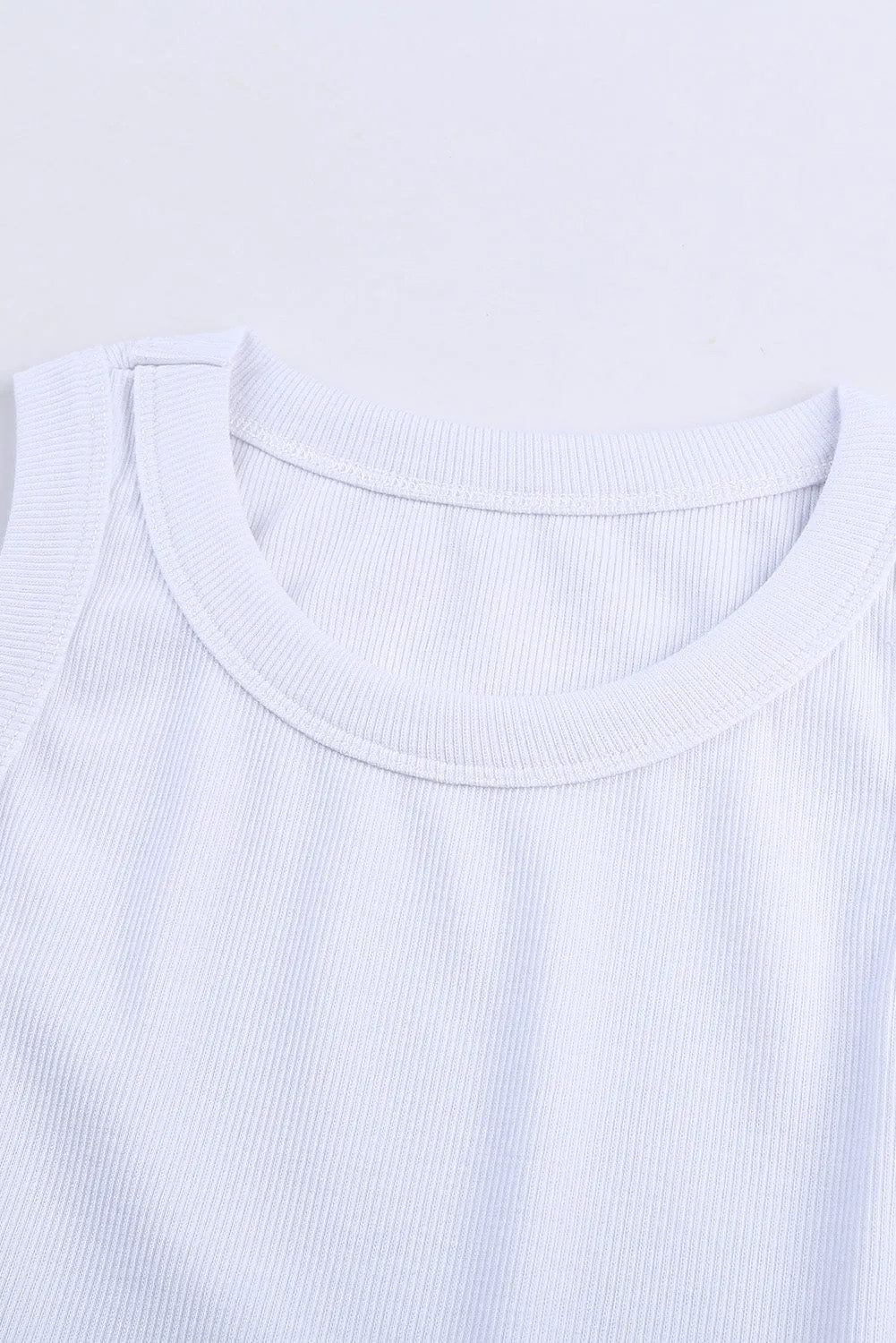 Solid White Round Neck Ribbed Tank Top