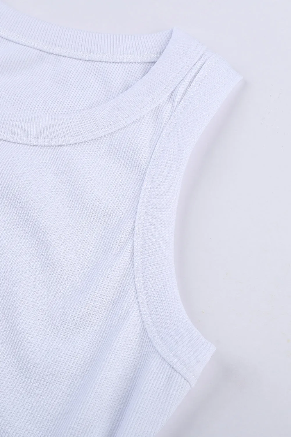 Solid White Round Neck Ribbed Tank Top