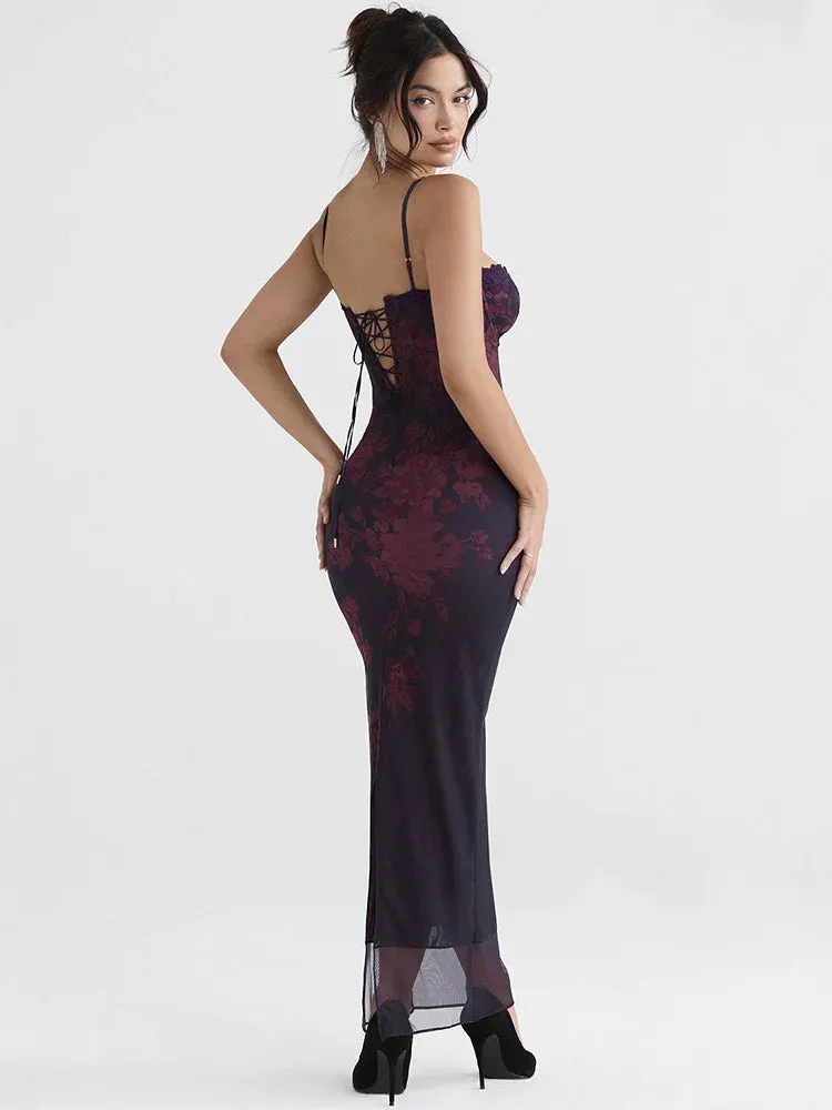 Spaghetti Strap Floral Print Maxi Prom Dress