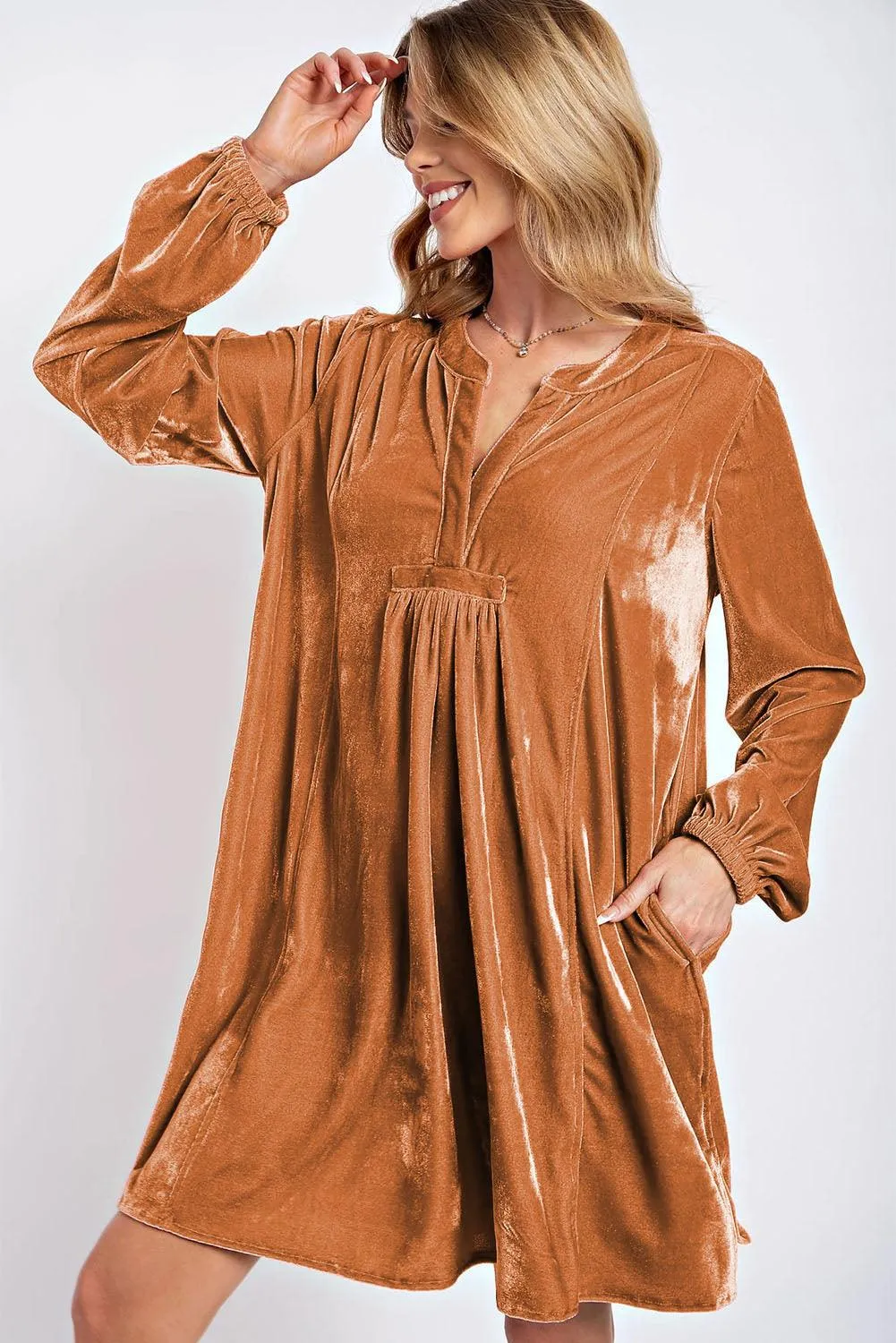 Split Neck Velvet Tunic Dress