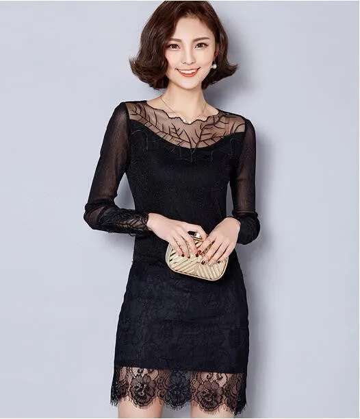Spring Summer Women's Dresses Fashion Europe Slim Lace Splice Women Dress Long Sleeve Dress Women party dresses
