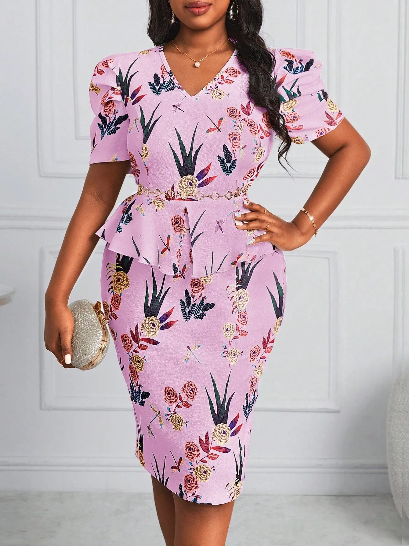 Spring/Summer Casual Elegant Boho Blue And White Porcelain Print V-Neck Puff Sleeve Dress