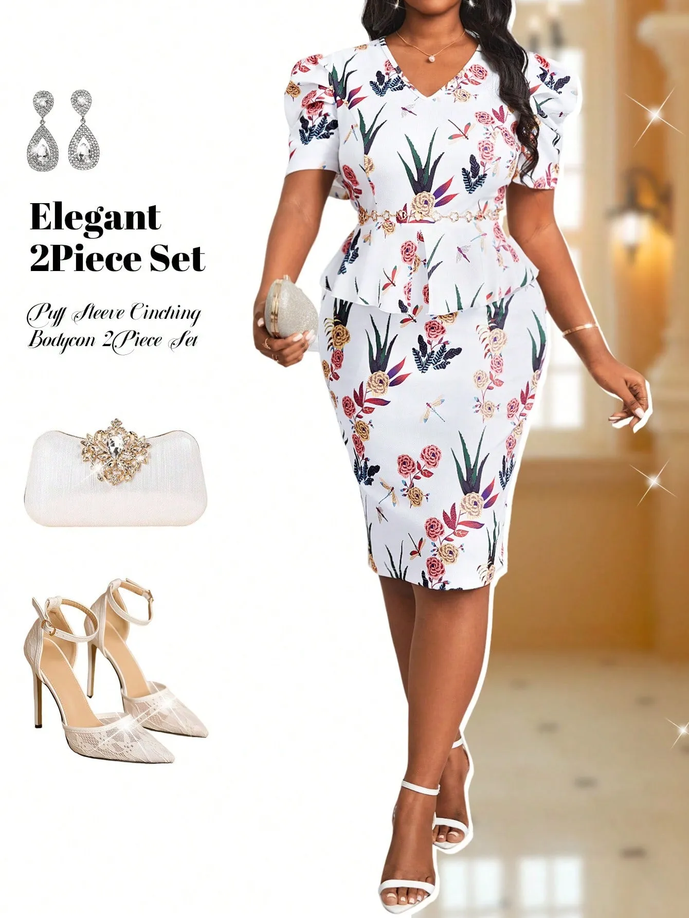Spring/Summer Casual Elegant Boho Blue And White Porcelain Print V-Neck Puff Sleeve Dress