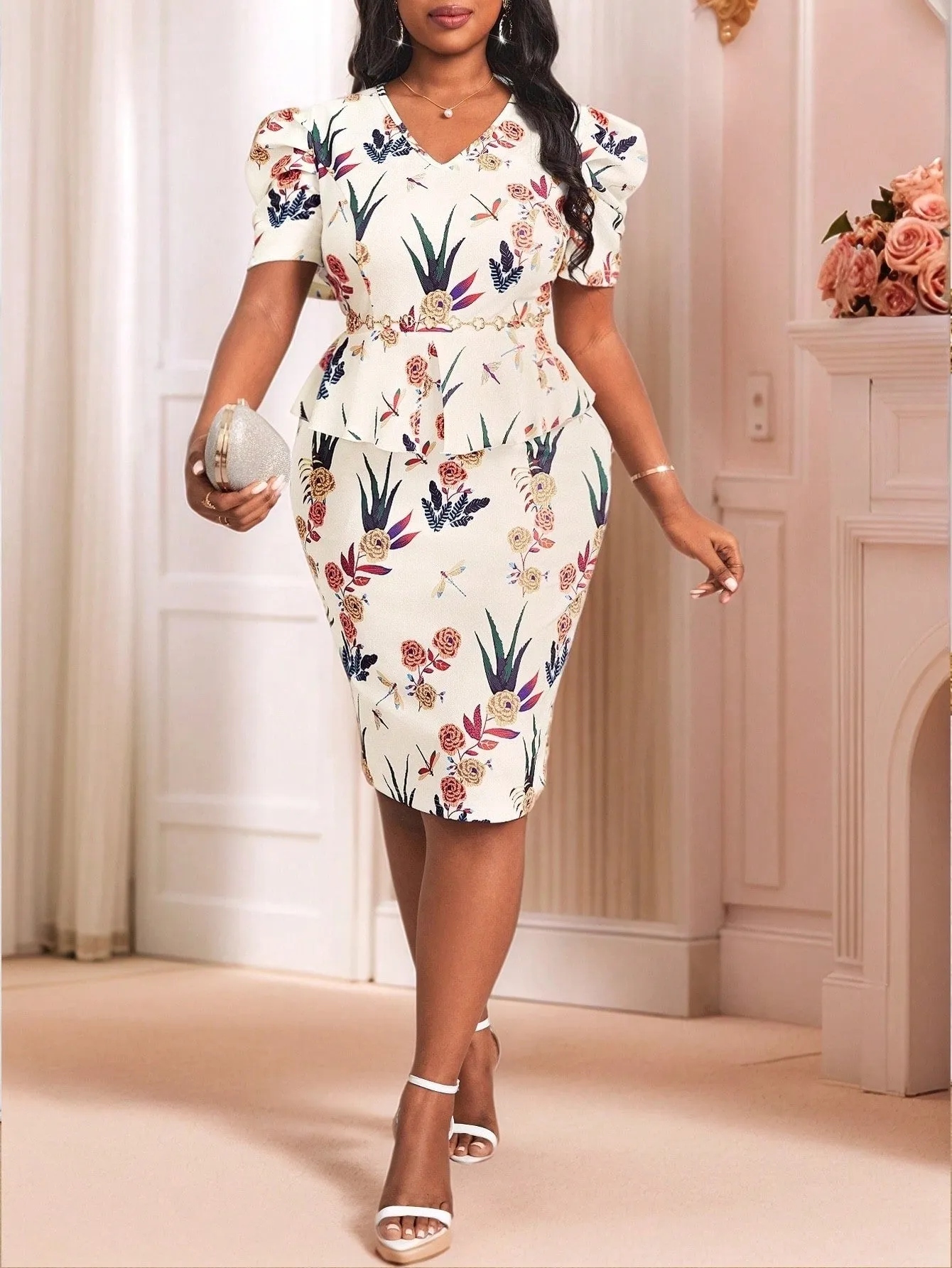 Spring/Summer Casual Elegant Boho Blue And White Porcelain Print V-Neck Puff Sleeve Dress