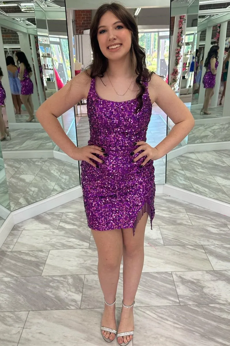 Square Neck Grape Sequin Fringe Short Homecoming Dresses