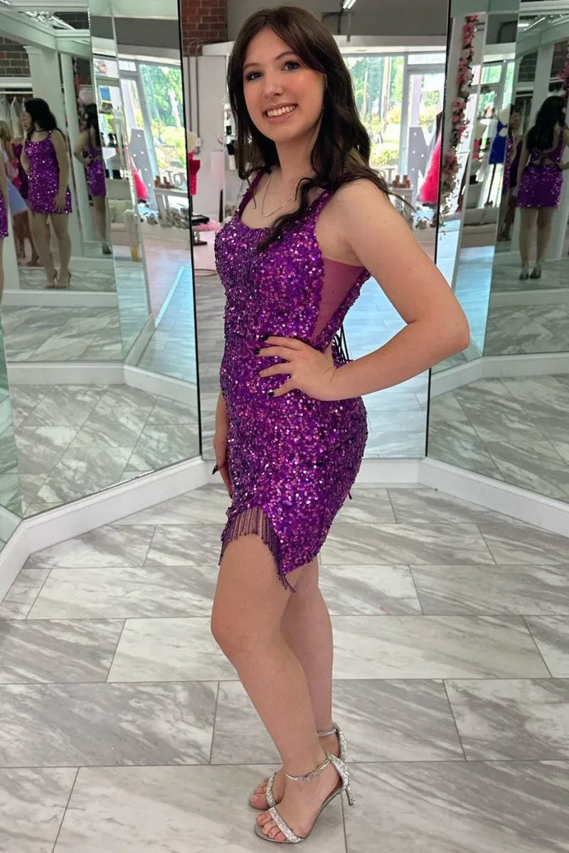 Square Neck Grape Sequin Fringe Short Homecoming Dresses