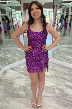 Square Neck Grape Sequin Fringe Short Homecoming Dresses
