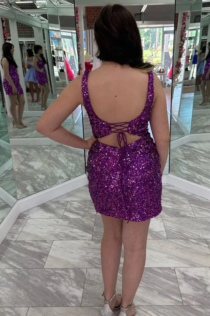Square Neck Grape Sequin Fringe Short Homecoming Dresses