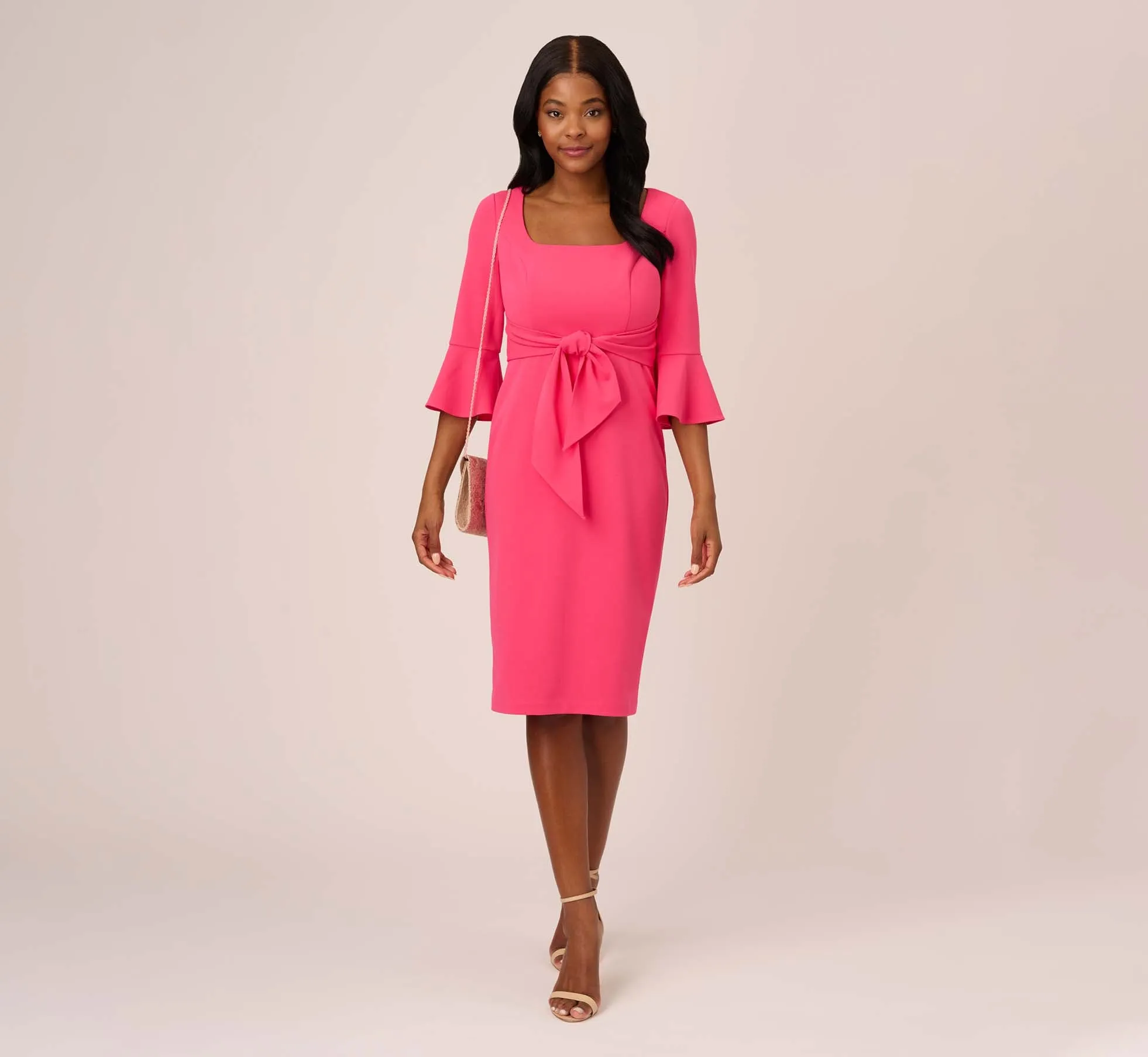 Stretch Knit Crepe Tie-Front Midi-Length Sheath Dress In Camellia