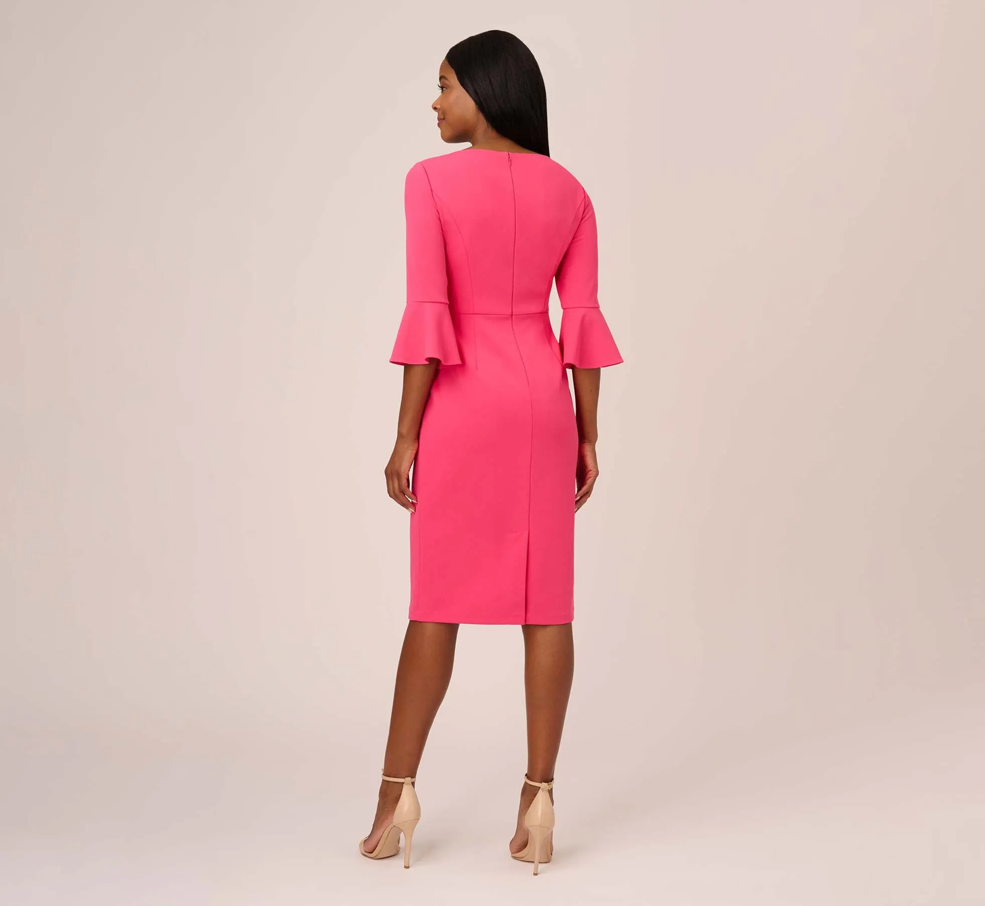 Stretch Knit Crepe Tie-Front Midi-Length Sheath Dress In Camellia