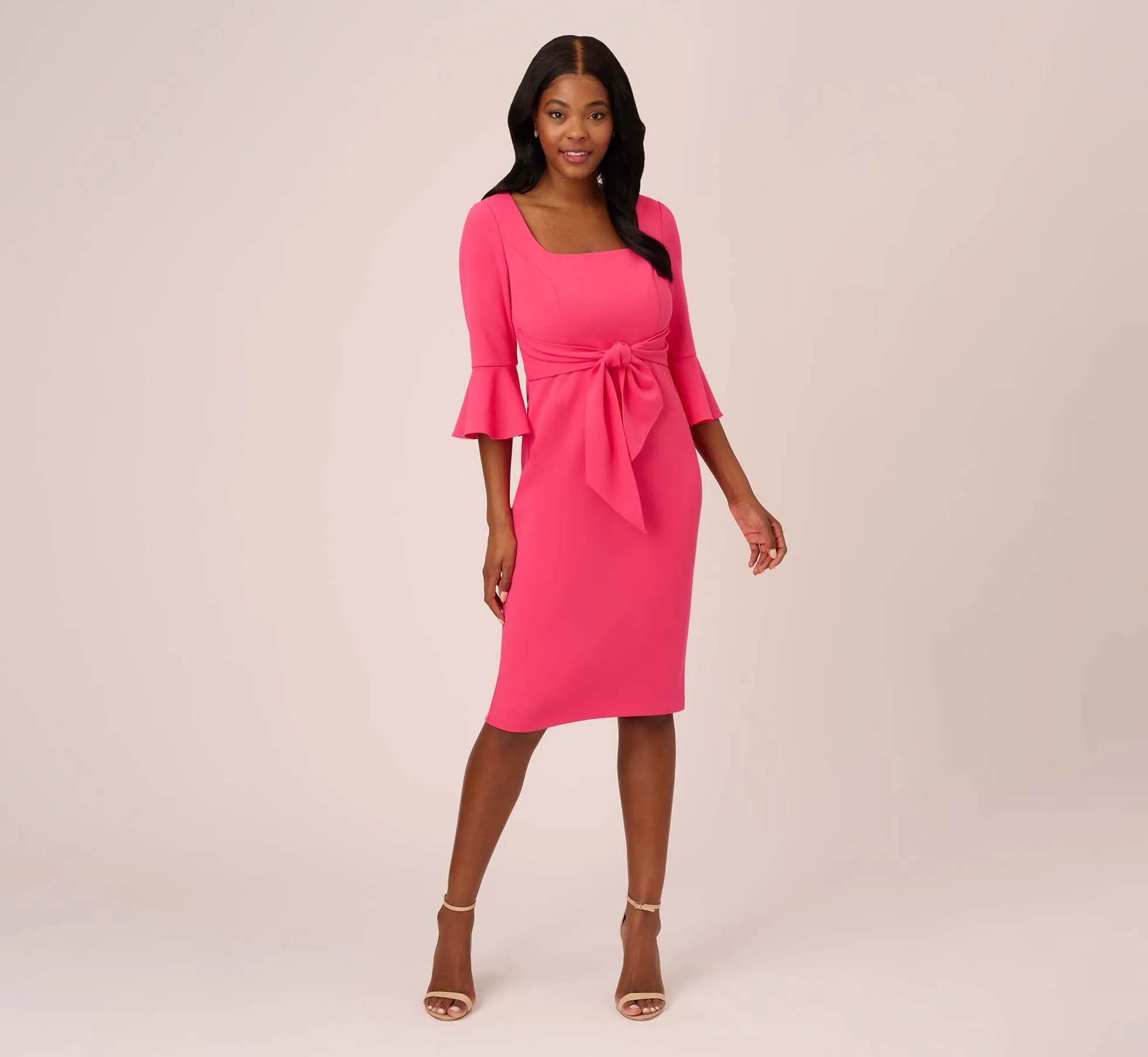Stretch Knit Crepe Tie-Front Midi-Length Sheath Dress In Camellia