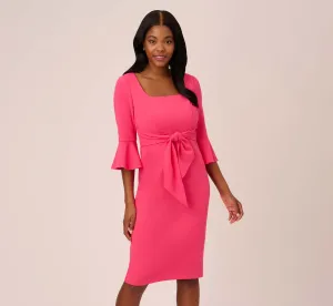 Stretch Knit Crepe Tie-Front Midi-Length Sheath Dress In Camellia
