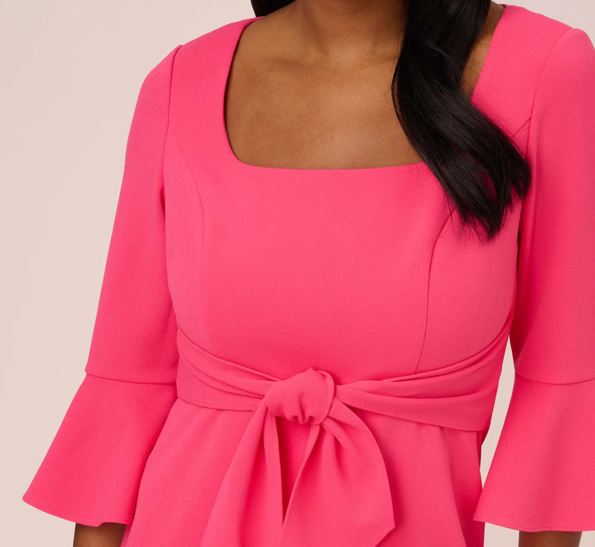 Stretch Knit Crepe Tie-Front Midi-Length Sheath Dress In Camellia