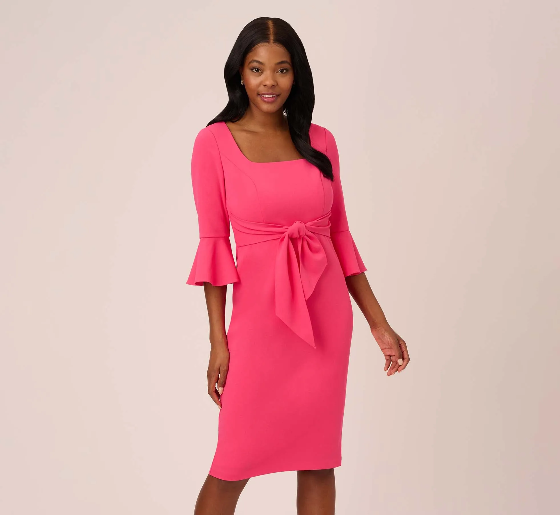 Stretch Knit Crepe Tie-Front Midi-Length Sheath Dress In Camellia