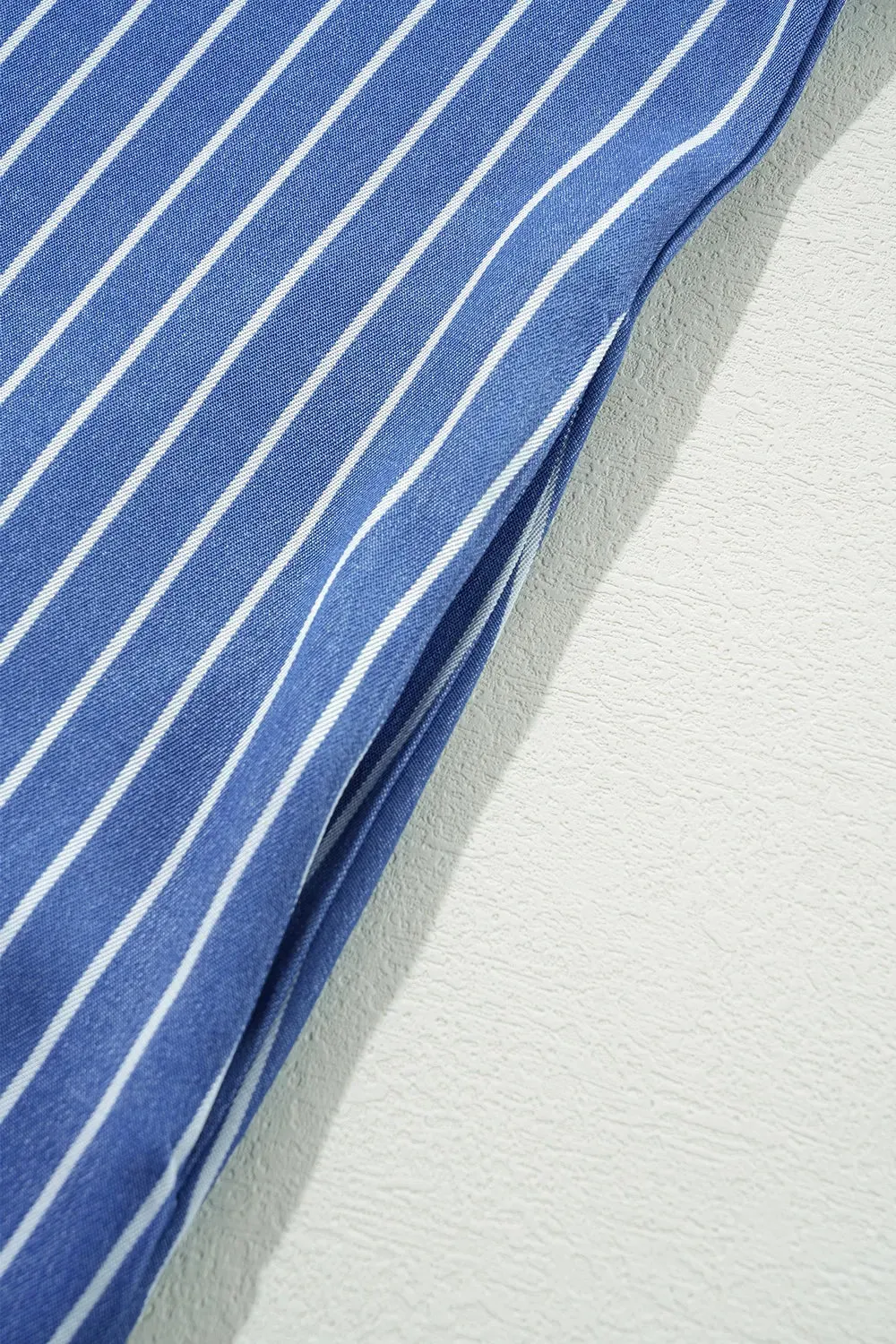 Stripe Frilly Split Neck Shirred Ruffle Sleeve Short Shift Dress