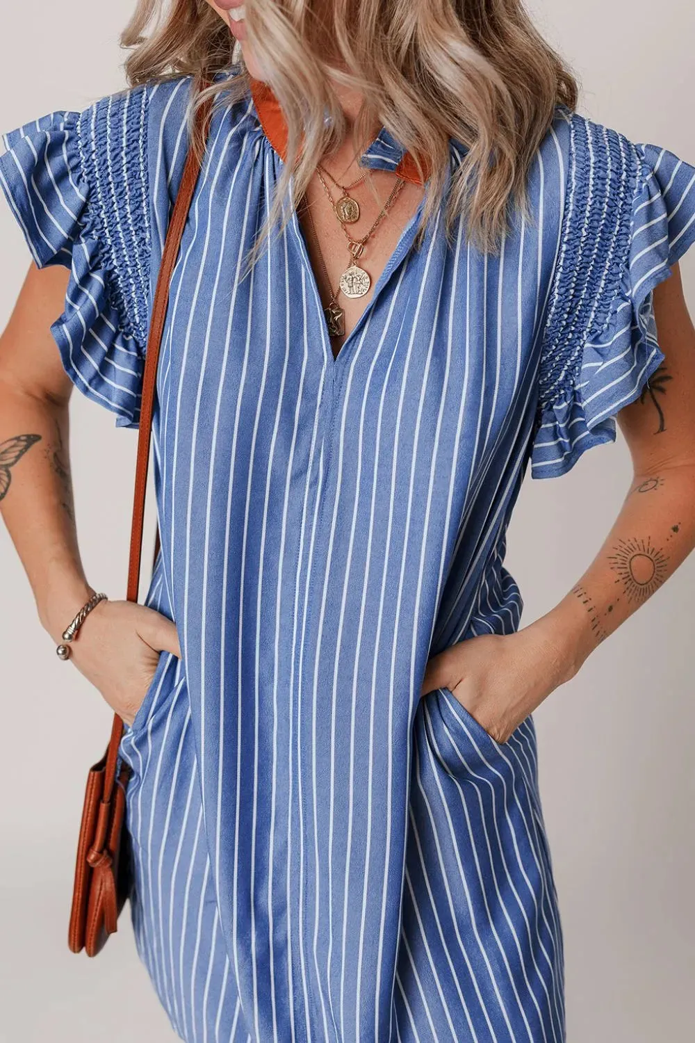 Stripe Frilly Split Neck Shirred Ruffle Sleeve Short Shift Dress