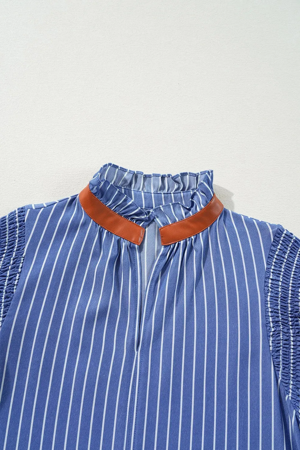 Stripe Frilly Split Neck Shirred Ruffle Sleeve Short Shift Dress