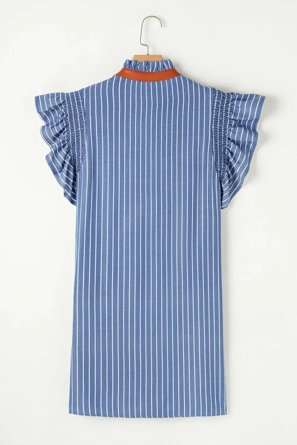 Stripe Frilly Split Neck Shirred Ruffle Sleeve Short Shift Dress