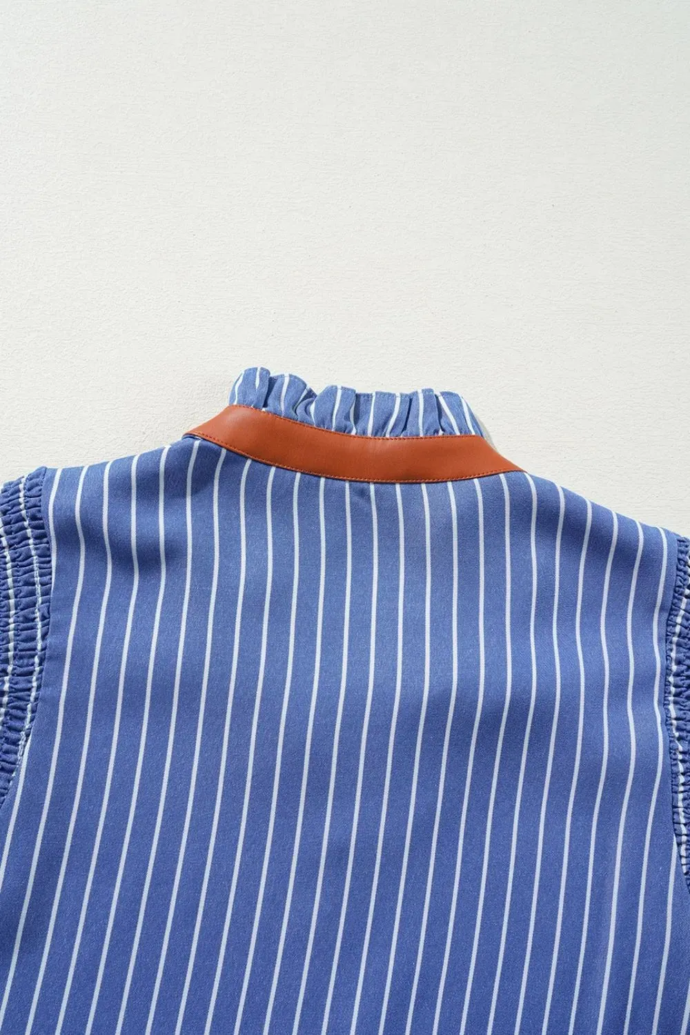 Stripe Frilly Split Neck Shirred Ruffle Sleeve Short Shift Dress