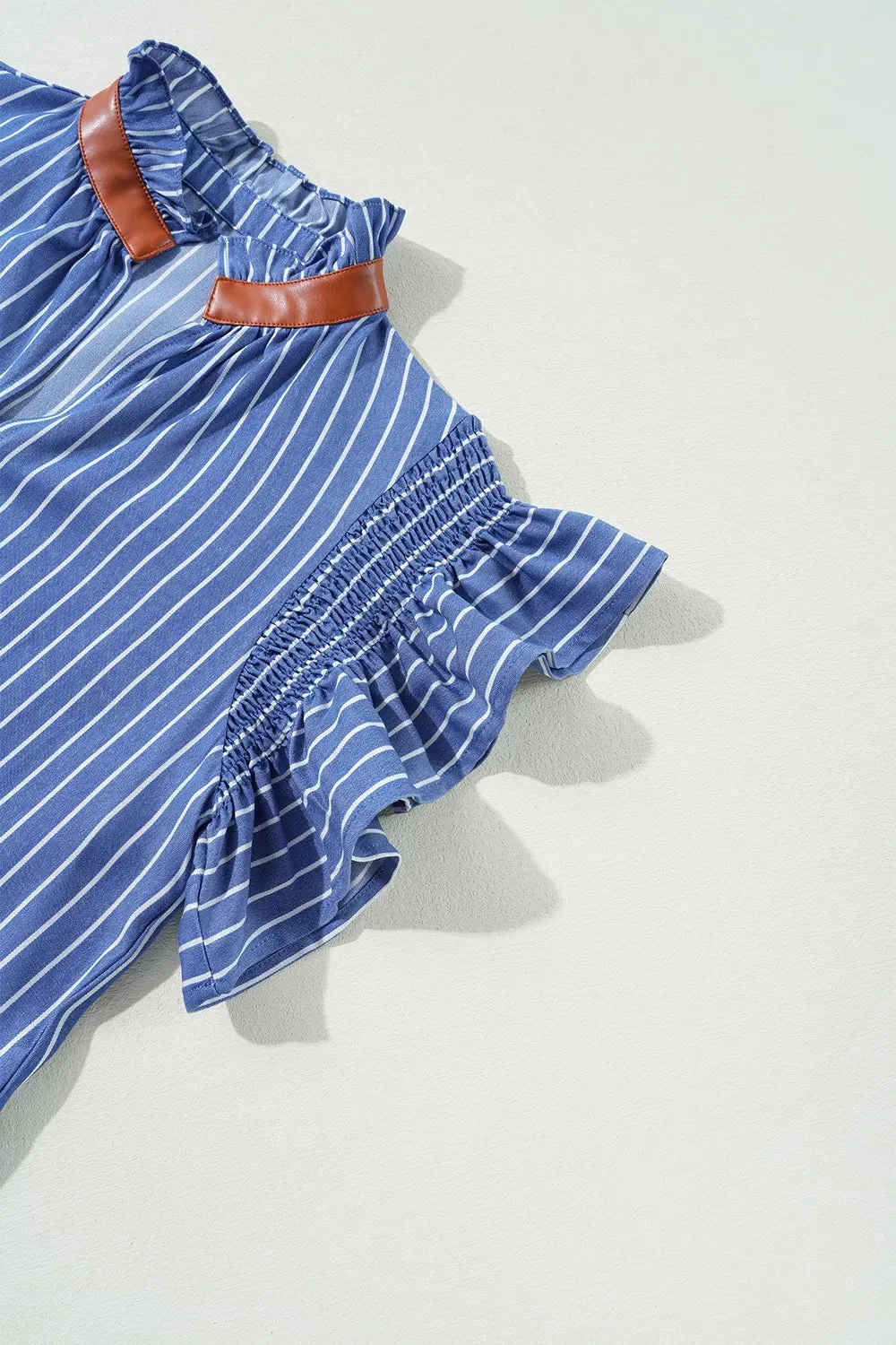 Stripe Frilly Split Neck Shirred Ruffle Sleeve Short Shift Dress