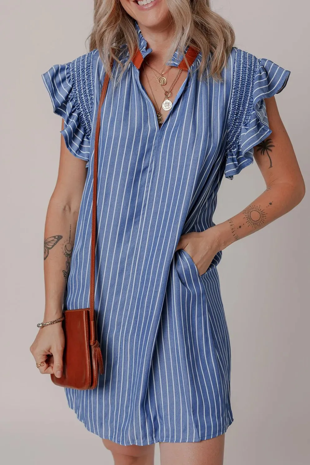Stripe Frilly Split Neck Shirred Ruffle Sleeve Short Shift Dress