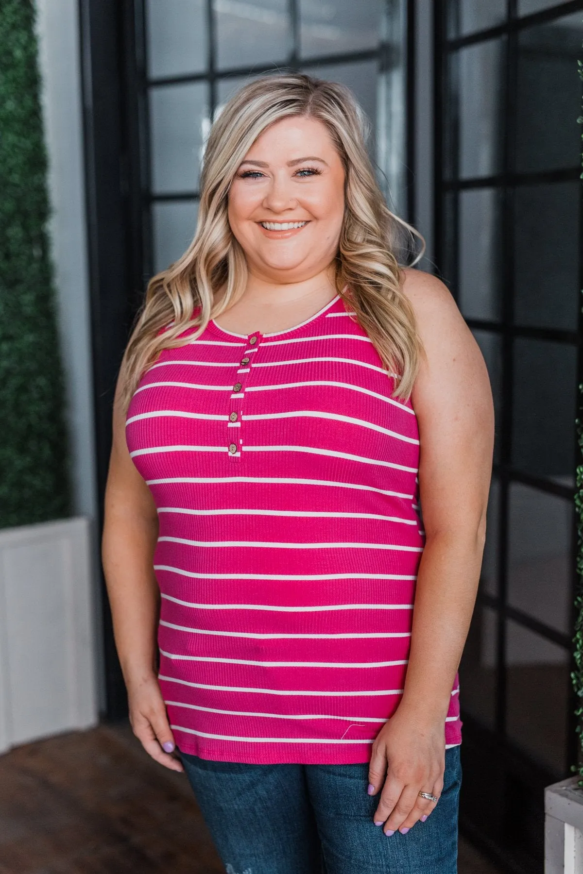 Striped Button Henley Tank Top- Hot Pink